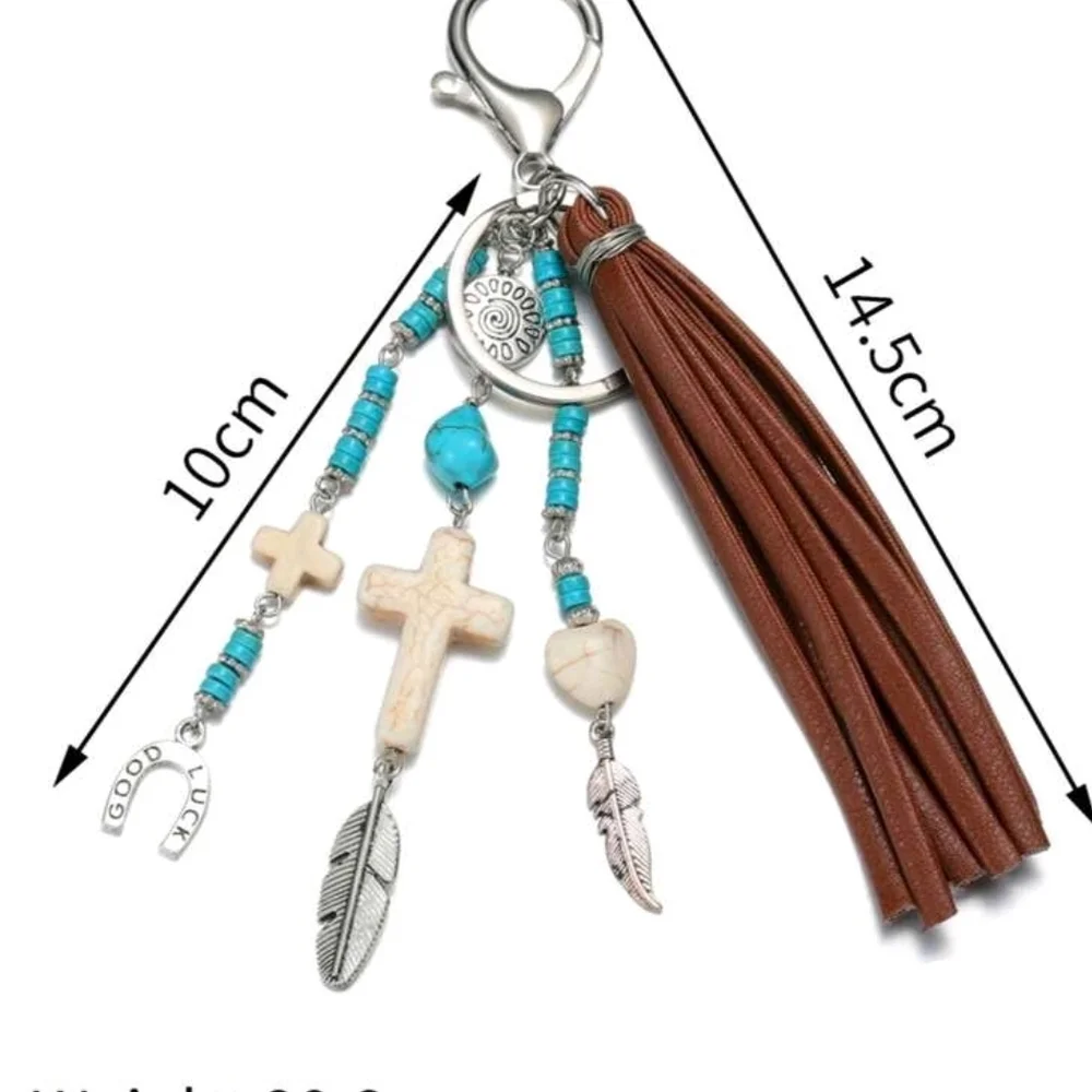 Horseshoe  Cross Tassel Bag Purse Charm Backpack Keychain with Turquoise Accents